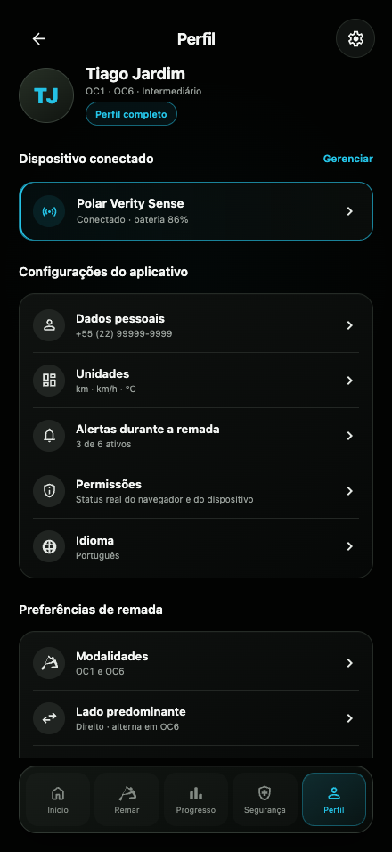 Tela de perfil e dispositivos