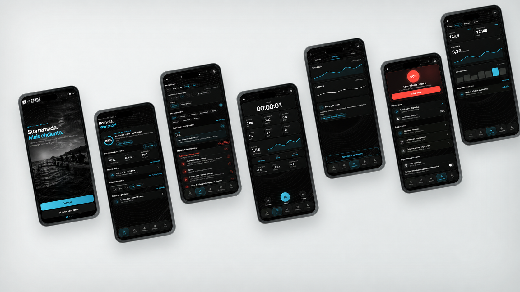Mockups das telas do aplicativo VA'A PADDLE
